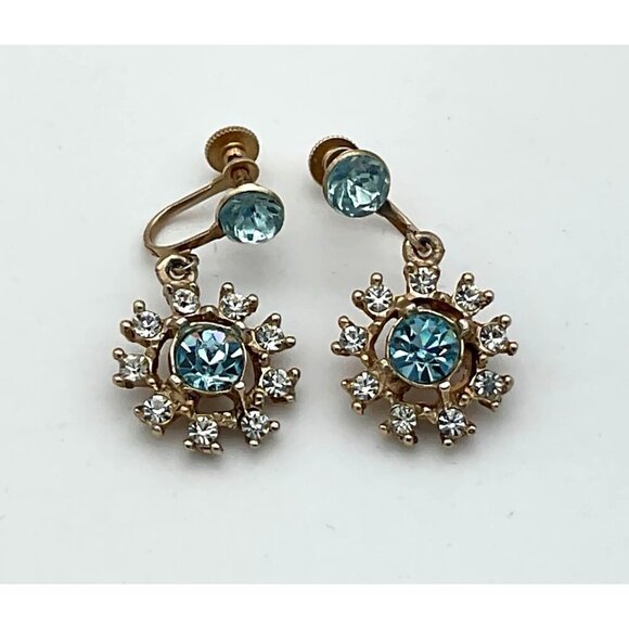 Aqua & White Rhinestone Floral Screw Back Vintage 50s Earrings Gold-Tone - Picture 1 of 2